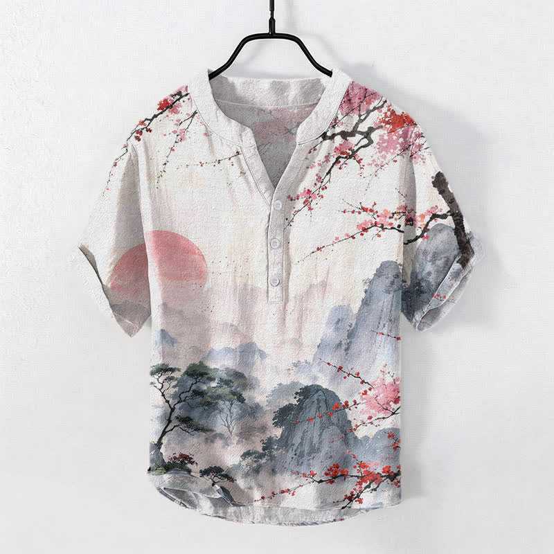Buddha Stones コットンインク風景梅花柄メンズ半袖ハーフボタンシャツ - ライトコーラル - US/UK/AU50、EU60（5XL） - image 0