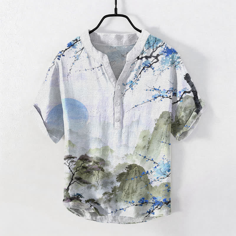 Buddha Stones コットンインク風景梅花柄メンズ半袖ハーフボタンシャツ - 水色 - US/UK/AU50、EU60（5XL） - image 3