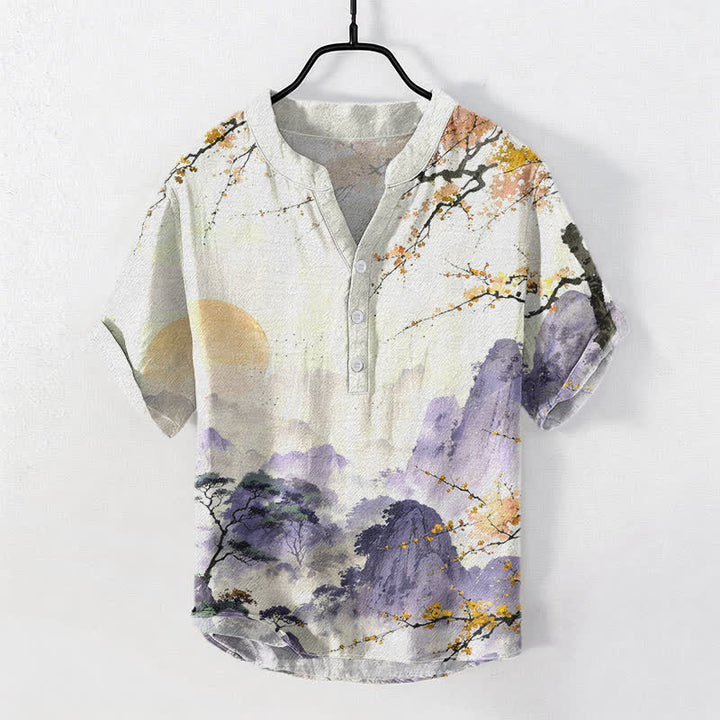 Buddha Stones コットンインク風景梅花柄メンズ半袖ハーフボタンシャツ - 小麦 - US/UK/AU50、EU60（5XL） - image 5