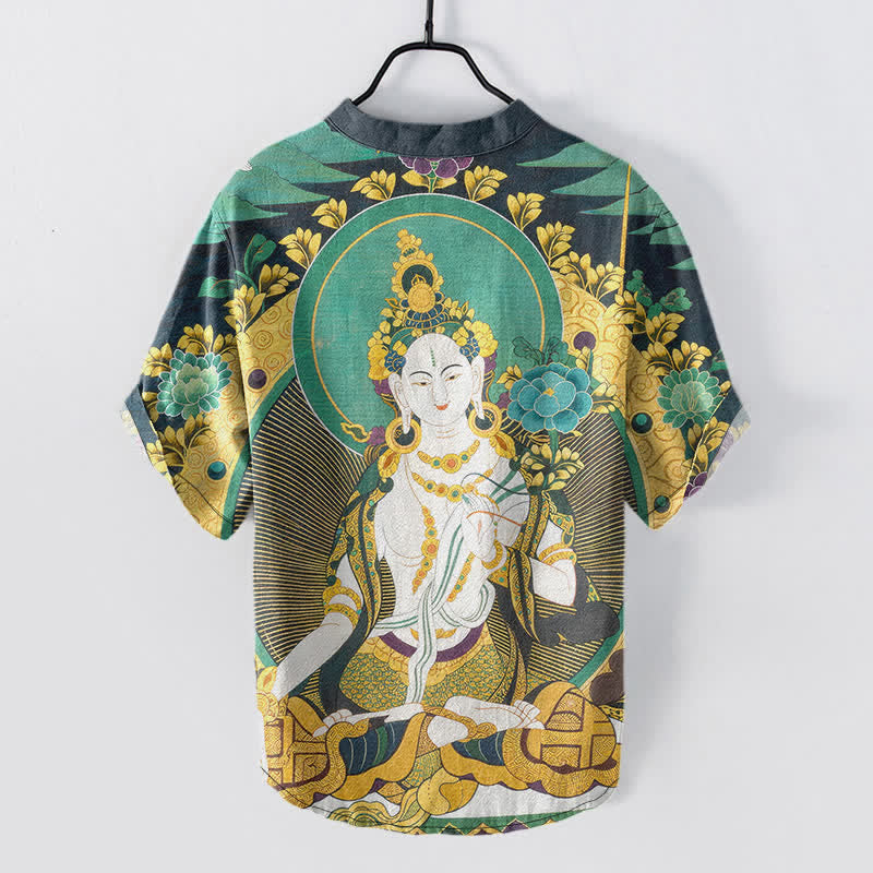 Buddha Stones コットン製、ラディアントブッダ柄、花柄、メンズ半袖ハーフボタンシャツ - image 1