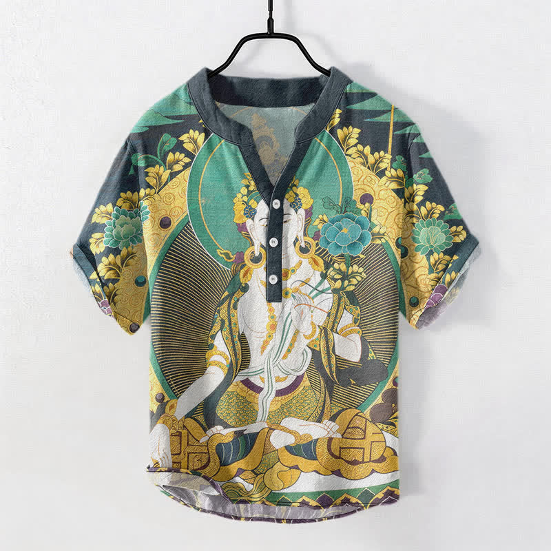 Buddha Stones コットン製、ラディアントブッダ柄、花柄、メンズ半袖ハーフボタンシャツ - ライトシーグリーン - US/UK/AU50、EU60（5XL） - image 0