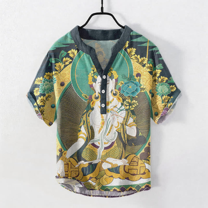 Buddha Stones コットン製、ラディアントブッダ柄、花柄、メンズ半袖ハーフボタンシャツ - ライトシーグリーン - US/UK/AU50、EU60（5XL） - image 0