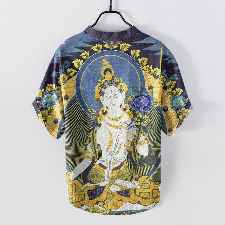Buddha Stones コットン製、ラディアントブッダ柄、花柄、メンズ半袖ハーフボタンシャツ - image 6