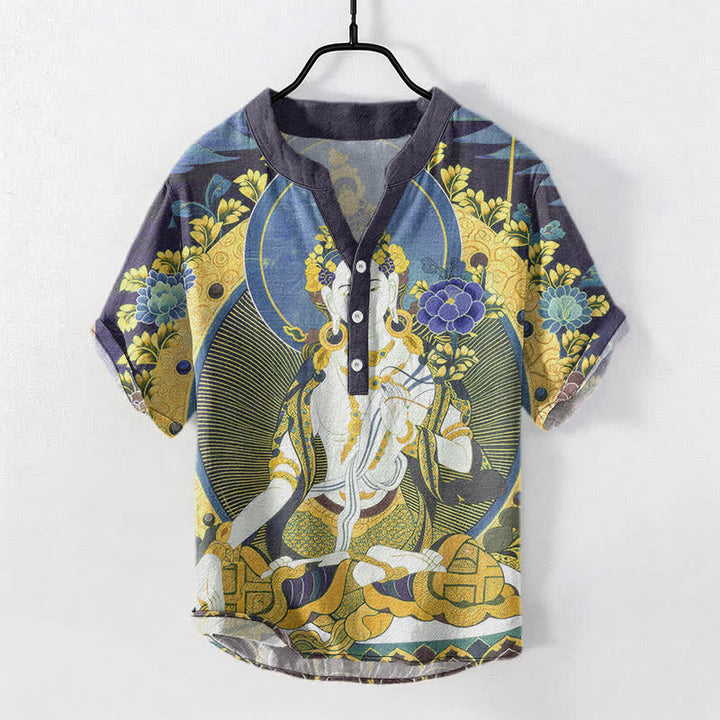 Buddha Stones コットン製、ラディアントブッダ柄、花柄、メンズ半袖ハーフボタンシャツ - コーンフラワーブルー - US/UK/AU50、EU60（5XL） - image 5