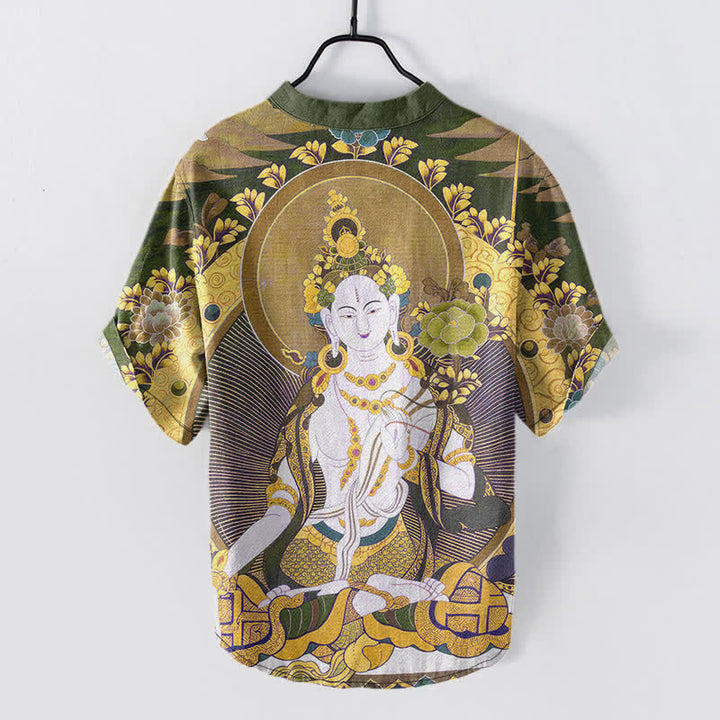 Buddha Stones コットン製、ラディアントブッダ柄、花柄、メンズ半袖ハーフボタンシャツ - image 8