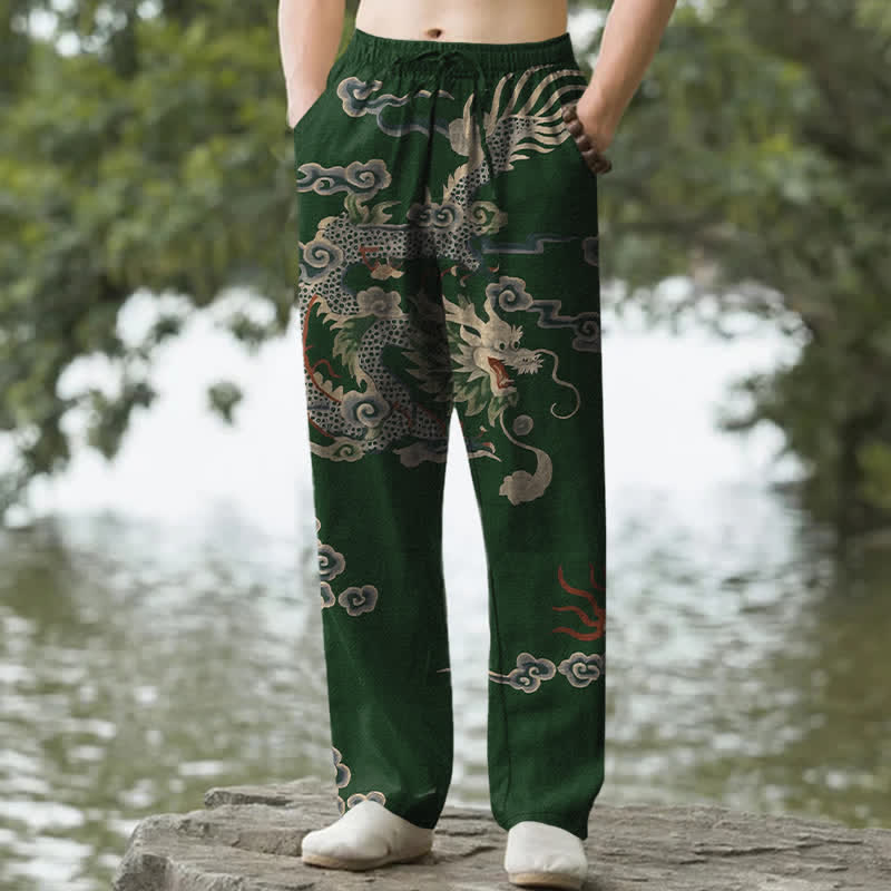 Buddha Stones コットン素材の龍雲柄メンズテーパードパンツ（ポケット付き） - ダークグリーン - US/UK/AU50、EU60（5XL） - image 4