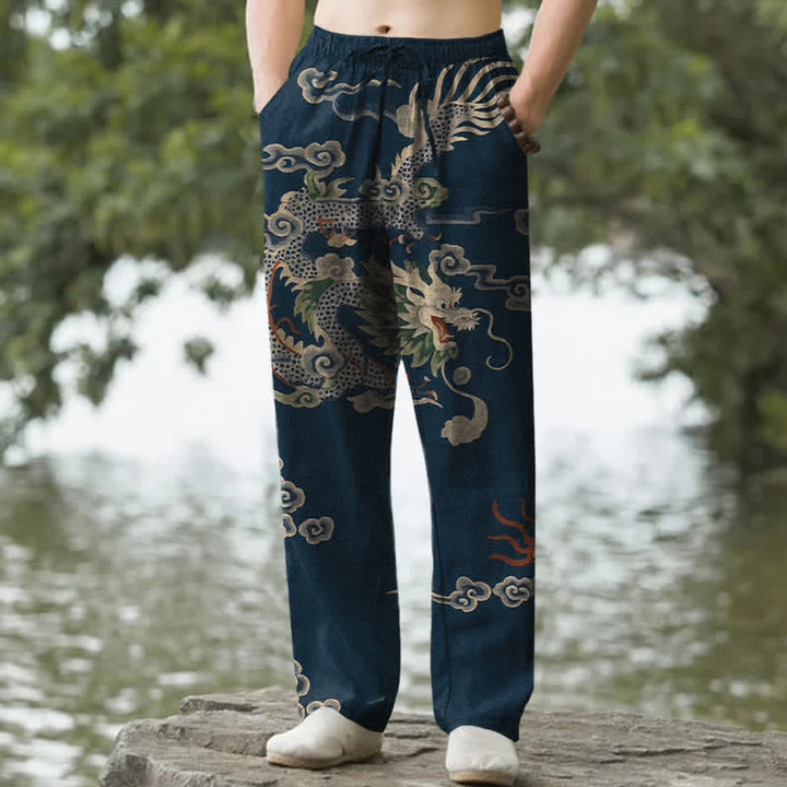 Buddha Stones コットン素材の龍雲柄メンズテーパードパンツ（ポケット付き） - 海軍 - US/UK/AU50、EU60（5XL） - image 6