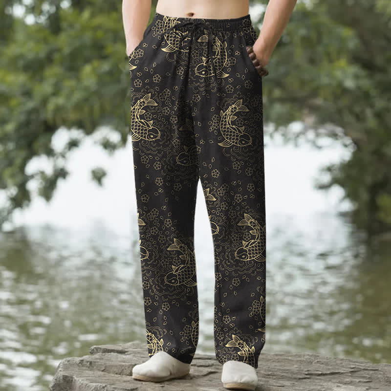 Buddha Stones 綿素材、金色の鯉、ポケット付きメンズテーパードパンツ - 黒 - US/UK/AU50、EU60（5XL） - image 0