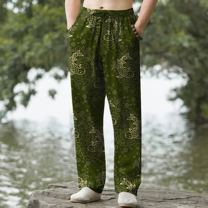 Buddha Stones 綿素材、金色の鯉、ポケット付きメンズテーパードパンツ - オリーブドラブ - US/UK/AU50、EU60（5XL） - image 4