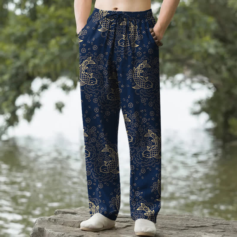 Buddha Stones 綿素材、金色の鯉、ポケット付きメンズテーパードパンツ - 海軍 - US/UK/AU50、EU60（5XL） - image 6