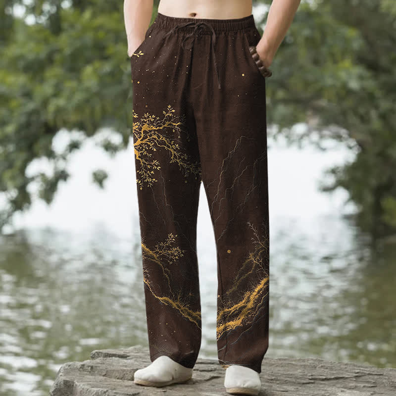 Buddha Stones コットンブランチ柄メンズテーパードパンツ（ポケット付き） - サドルブラウン - US/UK/AU50、EU60（5XL） - image 0