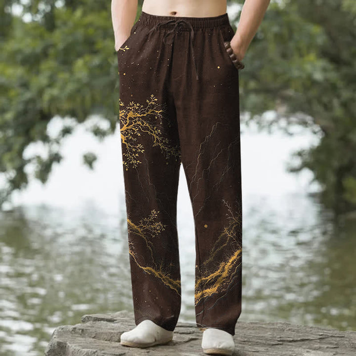 Buddha Stones コットンブランチ柄メンズテーパードパンツ（ポケット付き） - サドルブラウン - US/UK/AU50、EU60（5XL） - image 0