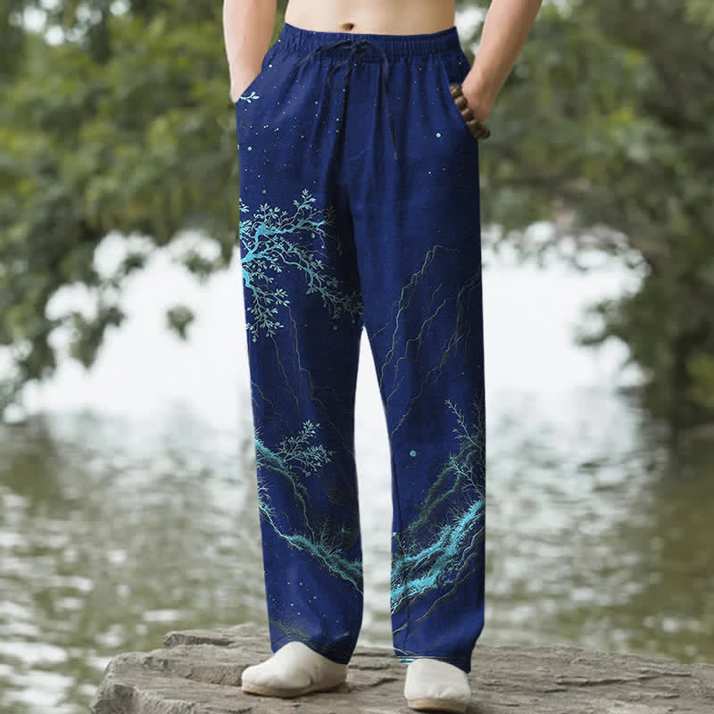 Buddha Stones コットンブランチ柄メンズテーパードパンツ（ポケット付き） - 海軍 - US/UK/AU50、EU60（5XL） - image 4