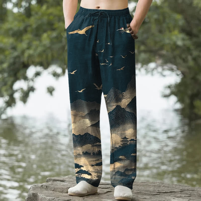 Buddha Stones コットンマウンテン寺院の鳥柄メンズテーパードパンツ（ポケット付き） - ティール - US/UK/AU50、EU60（5XL） - image 0