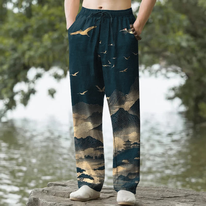 Buddha Stones コットンマウンテン寺院の鳥柄メンズテーパードパンツ（ポケット付き） - ティール - US/UK/AU50、EU60（5XL） - image 0