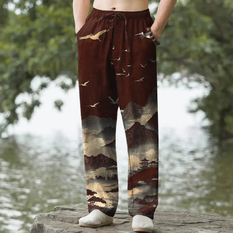 Buddha Stones コットンマウンテン寺院の鳥柄メンズテーパードパンツ（ポケット付き） - マルーン - US/UK/AU50、EU60（5XL） - image 4
