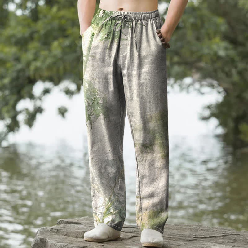 Buddha Stones 綿素材、竹柄、ポケット付きメンズテーパードパンツ - 淡い緑色 - US/UK/AU50、EU60（5XL） - image 0