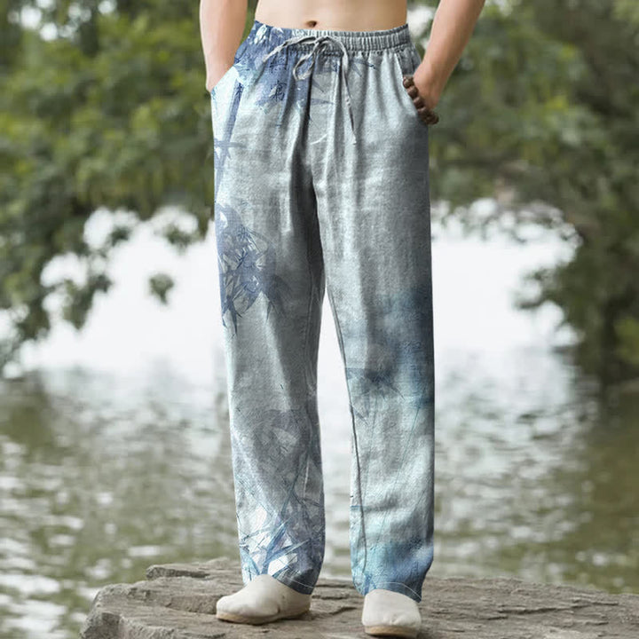 Buddha Stones 綿素材、竹柄、ポケット付きメンズテーパードパンツ - パウダーブルー - US/UK/AU50、EU60（5XL） - image 4