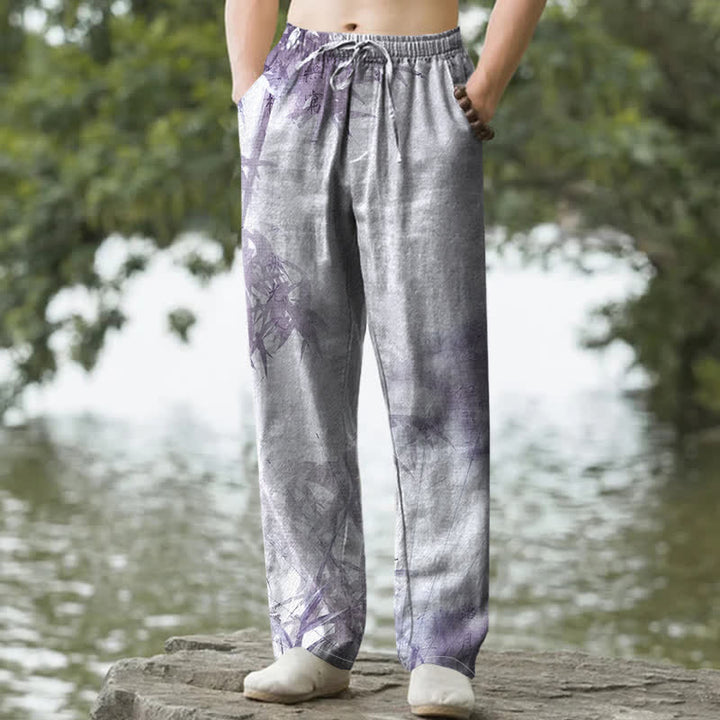 Buddha Stones 綿素材、竹柄、ポケット付きメンズテーパードパンツ - ラベンダー - US/UK/AU50、EU60（5XL） - image 6
