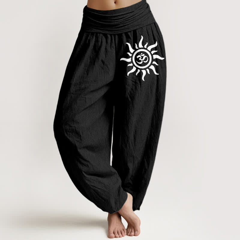 Buddha Stones ピュアコットン サンオム柄 レディース ゴムウエスト ハーレムパンツ - 黒 - US16、 UK/AU20、 EU48 (3XL) - image 0