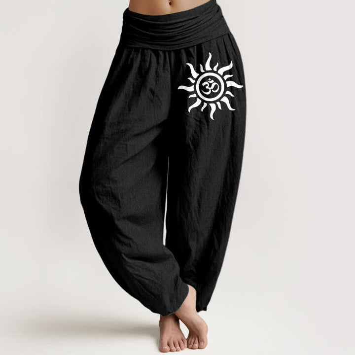 Buddha Stones ピュアコットン サンオム柄 レディース ゴムウエスト ハーレムパンツ - 黒 - US16、 UK/AU20、 EU48 (3XL) - image 0