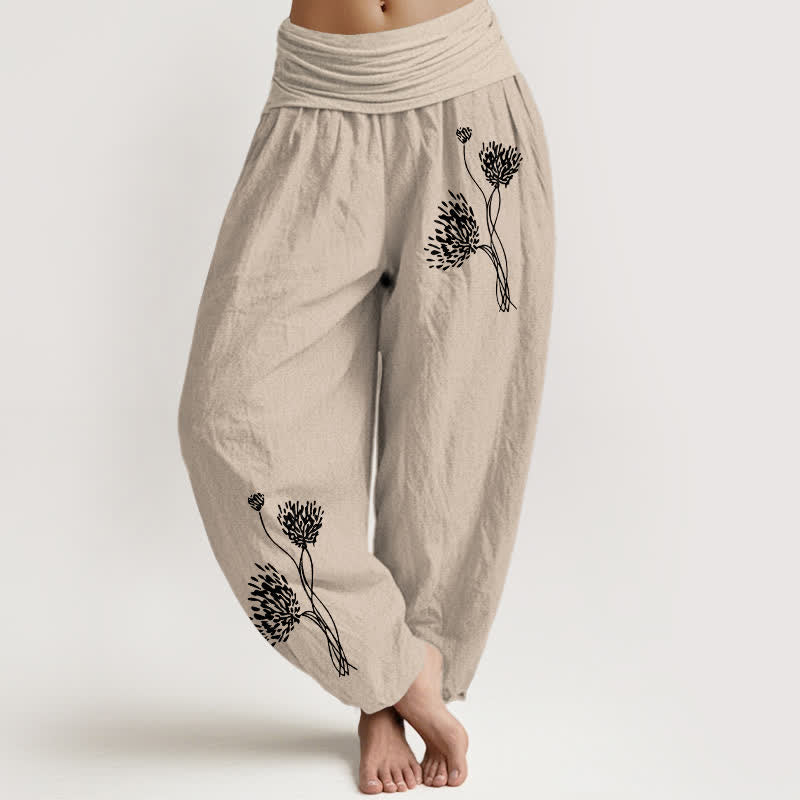 Buddha Stones ピュアコットン素材の植物柄レディースゴムウエストハーレムパンツ - タン - US16、 UK/AU20、 EU48 (3XL) - image 0
