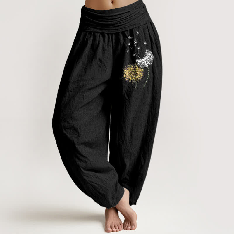 Buddha Stones ピュアコットン製タンポポの花柄レディースゴムウエストハーレムパンツ - 黒 - US16、 UK/AU20、 EU48 (3XL) - image 0