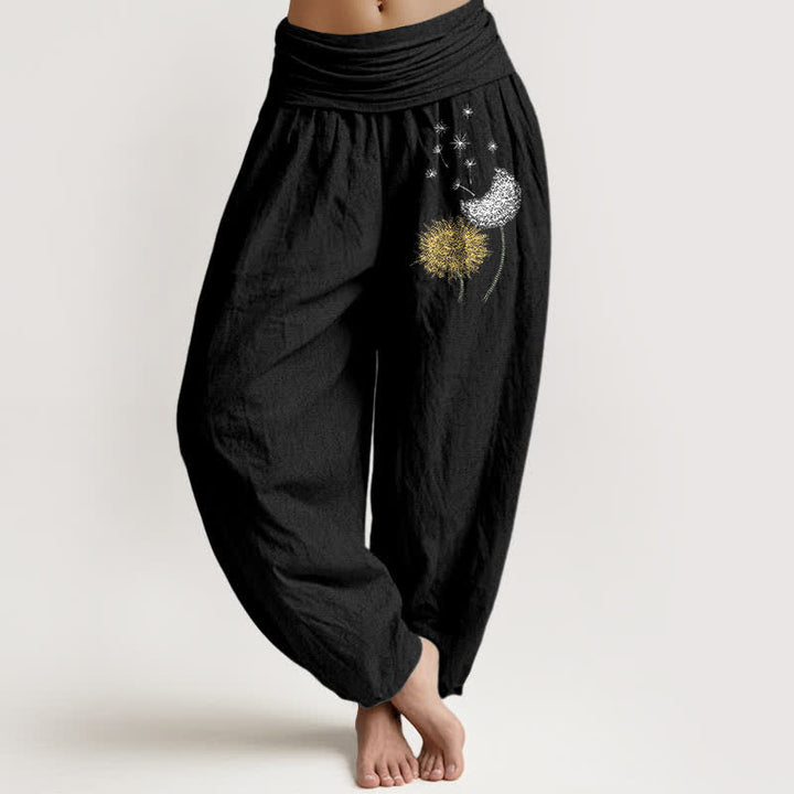 Buddha Stones ピュアコットン製タンポポの花柄レディースゴムウエストハーレムパンツ - 黒 - US16、 UK/AU20、 EU48 (3XL) - image 0