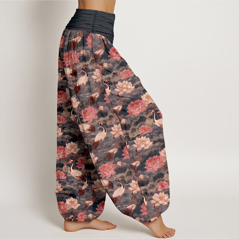 Buddha Stones コットン素材の蓮鶴柄レディースゴムウエストハーレムパンツ - image 6