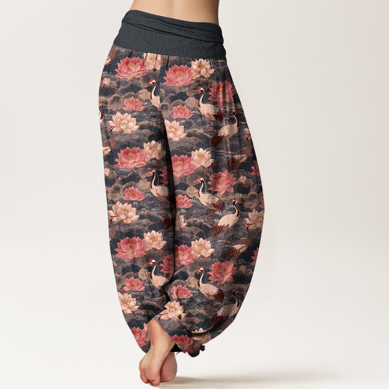 Buddha Stones コットン素材の蓮鶴柄レディースゴムウエストハーレムパンツ - image 7