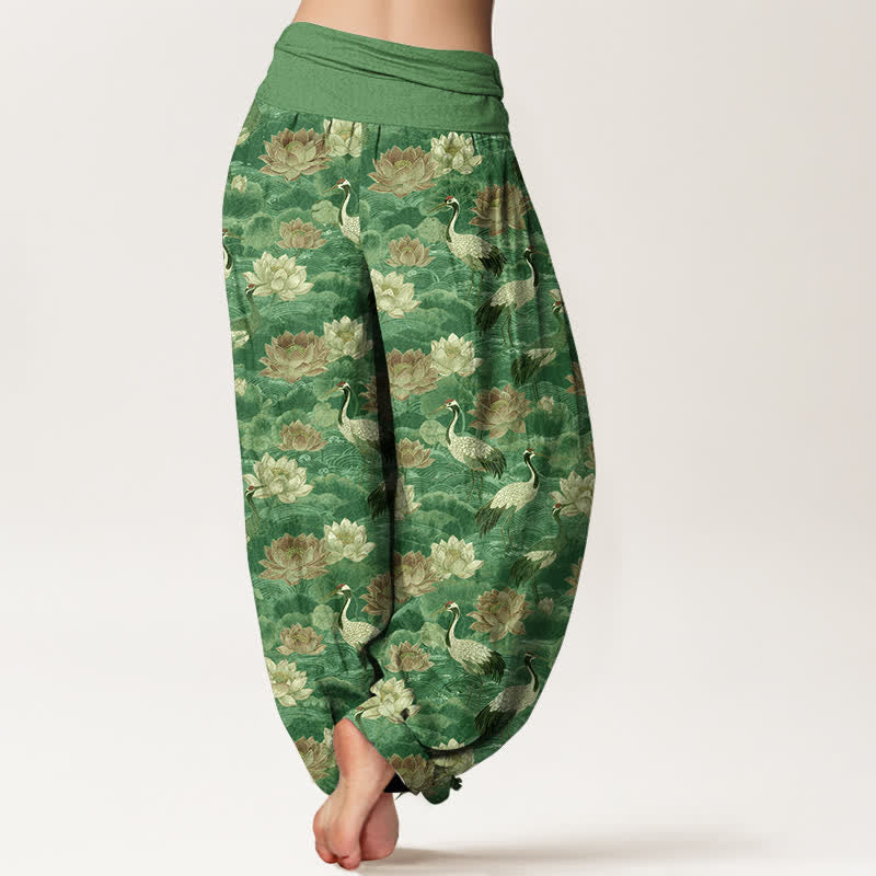 Buddha Stones コットン素材の蓮鶴柄レディースゴムウエストハーレムパンツ - image 10