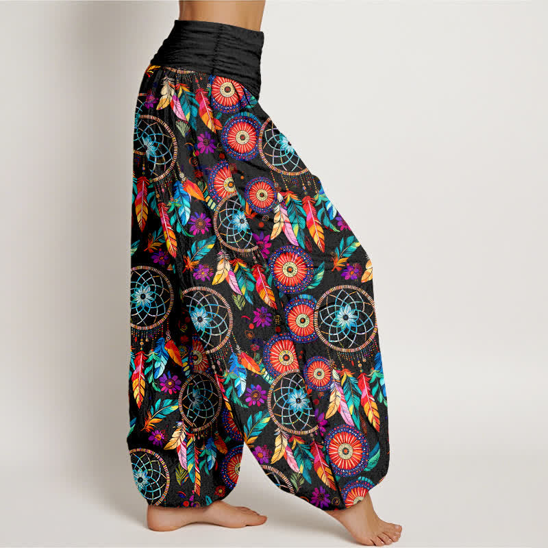 Buddha Stones コットン製ドリームキャッチャーフェザー柄レディースゴムウエストハーレムパンツ - image 1