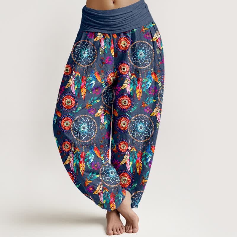 Buddha Stones コットン製ドリームキャッチャーフェザー柄レディースゴムウエストハーレムパンツ - スチールブルー - US16、 UK/AU20、 EU48 (3XL) - image 5