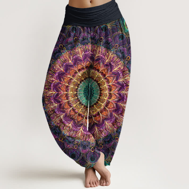 Buddha Stones 純綿マンダラフェザー柄レディースゴムウエストハーレムパンツ - 紫 - US16、 UK/AU20、 EU48 (3XL) - image 0