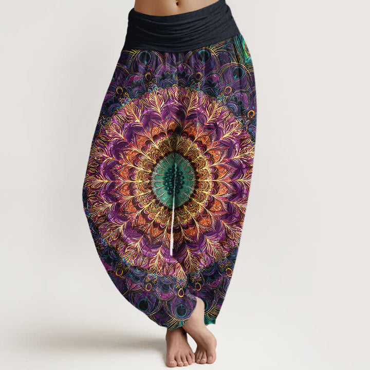 Buddha Stones 純綿マンダラフェザー柄レディースゴムウエストハーレムパンツ - 紫 - US16、 UK/AU20、 EU48 (3XL) - image 0