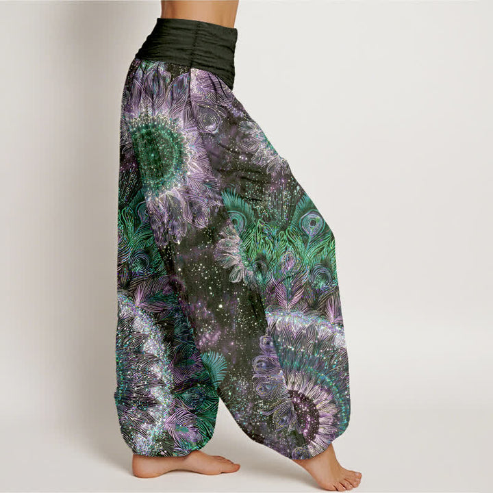 Buddha Stones コットン製孔雀の羽柄 レディース ゴムウエスト ハーレムパンツ - image 6