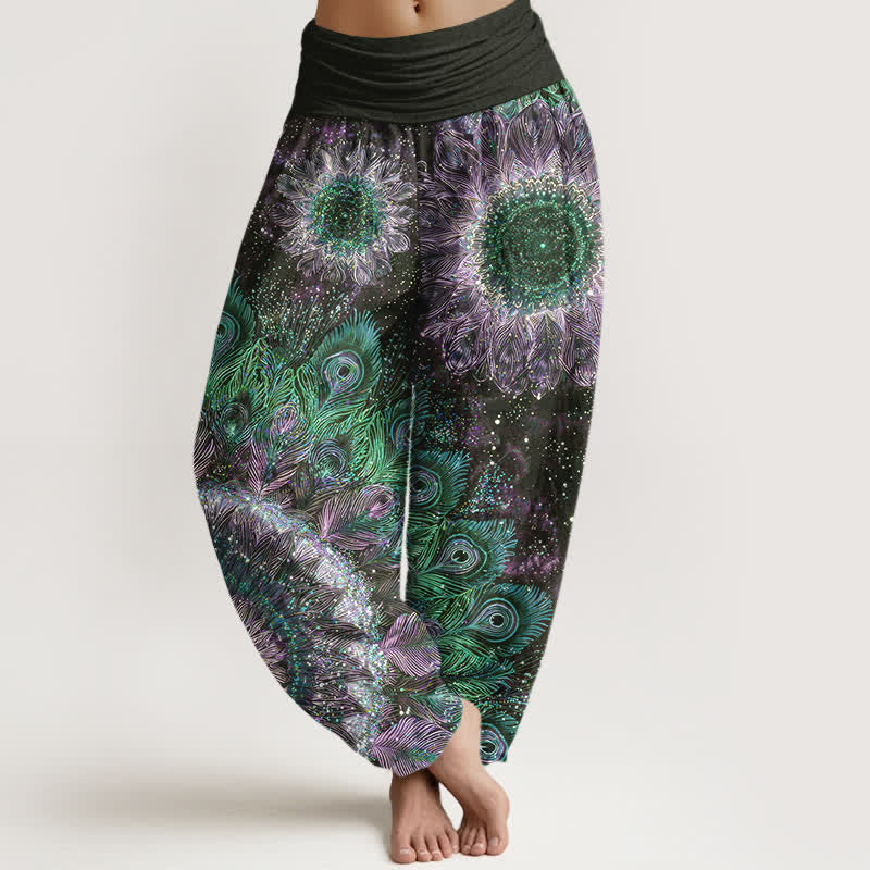 Buddha Stones コットン製孔雀の羽柄 レディース ゴムウエスト ハーレムパンツ - 黒 - US16、 UK/AU20、 EU48 (3XL) - image 5
