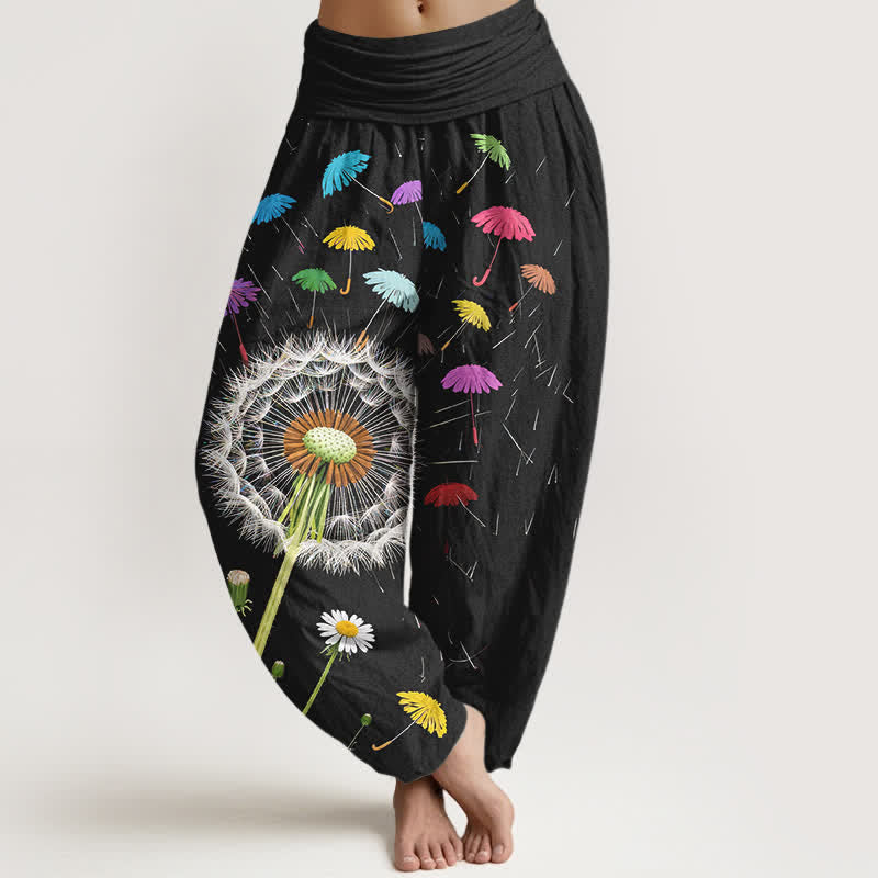 Buddha Stones ピュアコットン製タンポポの花柄レディースゴムウエストハーレムパンツ - 黒 - US16、 UK/AU20、 EU48 (3XL) - image 0