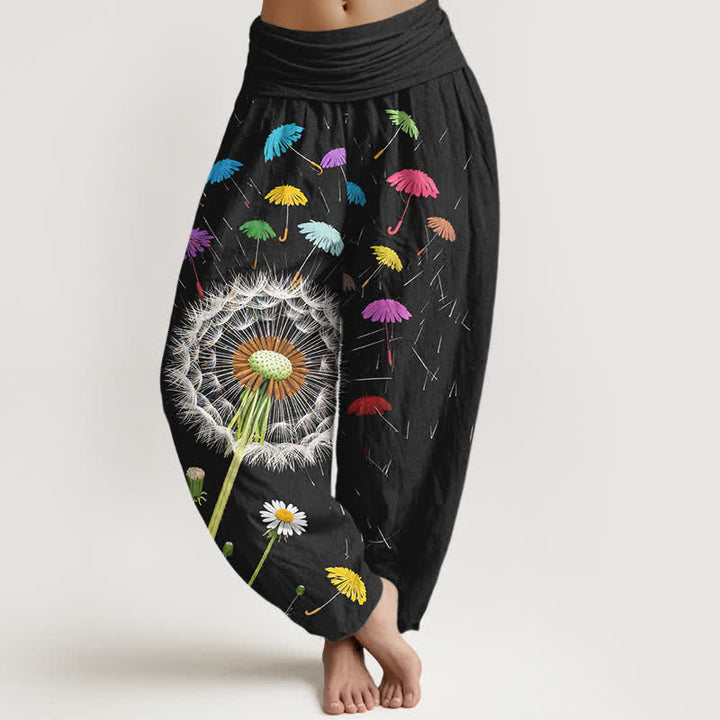 Buddha Stones ピュアコットン製タンポポの花柄レディースゴムウエストハーレムパンツ - 黒 - US16、 UK/AU20、 EU48 (3XL) - image 0