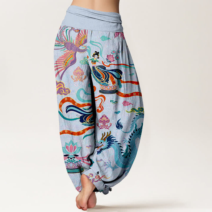 Buddha Stones コットン素材の龍鳳蓮柄レディースゴムウエストハーレムパンツ - image 10