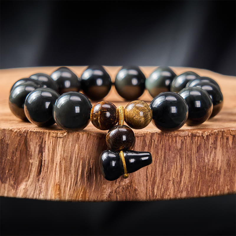 Buddha Stones レインボーオブシディアンひょうたん保護ヴィンテージ中国ブレスレット - 14mm レインボーオブシディアン（光の当たり方によって色が変わります） - image 22