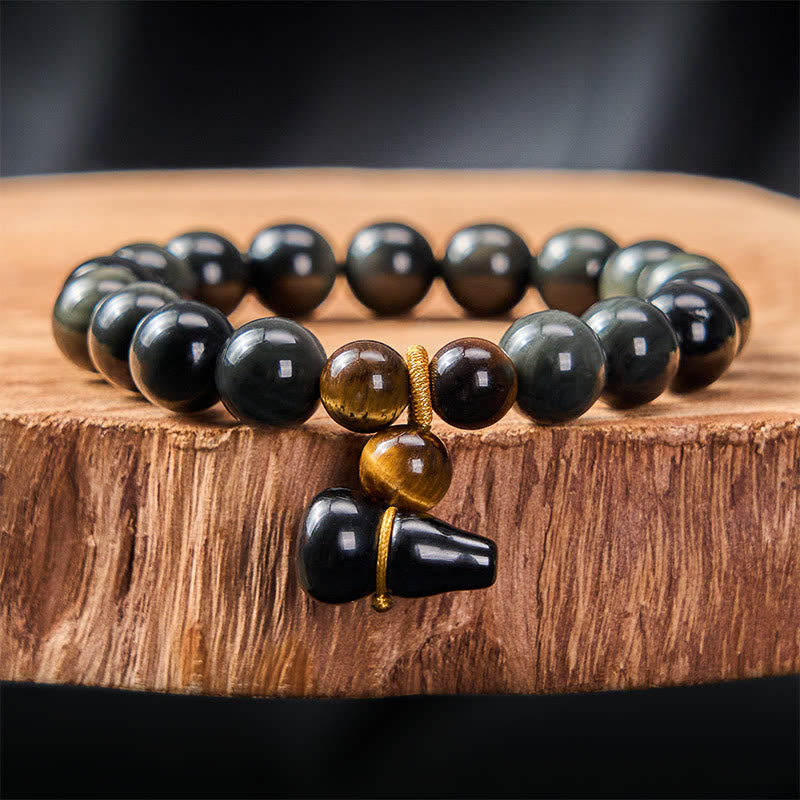 Buddha Stones レインボーオブシディアンひょうたん保護ヴィンテージ中国ブレスレット - 10mm レインボーオブシディアン（光の当たり方によって色が変わります） - image 10