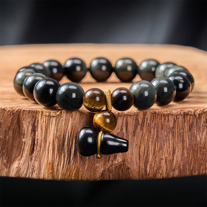 Buddha Stones レインボーオブシディアンひょうたん保護ヴィンテージ中国ブレスレット - 10mm レインボーオブシディアン（光の当たり方によって色が変わります） - image 10