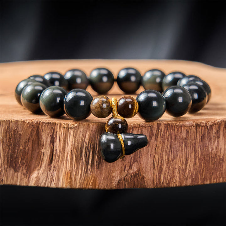 Buddha Stones レインボーオブシディアンひょうたん保護ヴィンテージ中国ブレスレット - 12mm レインボーオブシディアン（光の当たり方によって色が変わります） - image 16