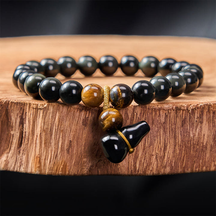 Buddha Stones レインボーオブシディアンひょうたん保護ヴィンテージ中国ブレスレット - 8mm レインボーオブシディアン（光の当たり方によって色が変わります） - image 1