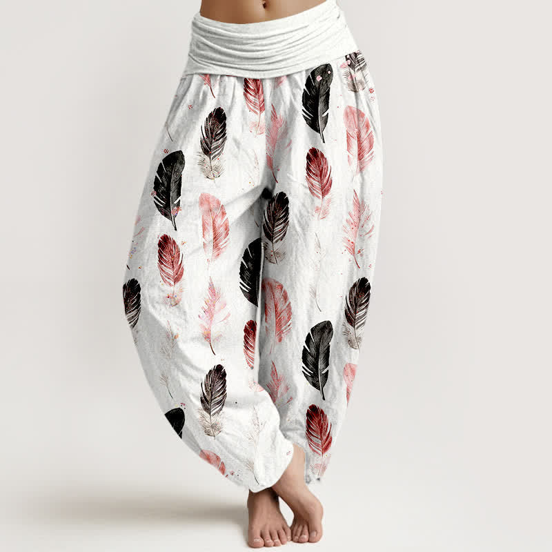 Buddha Stones ピュアコットン フェザー柄 レディース ゴムウエスト ハーレムパンツ - 白 - US16、 UK/AU20、 EU48 (3XL) - image 0