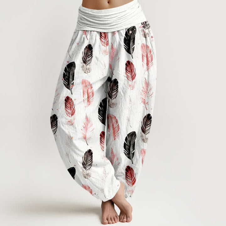 Buddha Stones ピュアコットン フェザー柄 レディース ゴムウエスト ハーレムパンツ - 白 - US16、 UK/AU20、 EU48 (3XL) - image 0