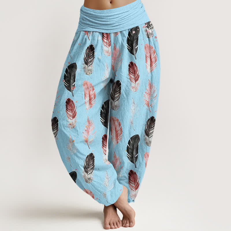 Buddha Stones ピュアコットン フェザー柄 レディース ゴムウエスト ハーレムパンツ - 水色 - US16、 UK/AU20、 EU48 (3XL) - image 8