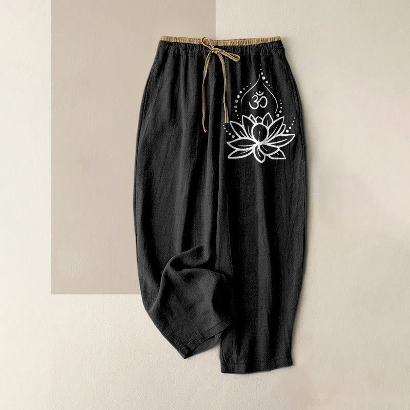 Buddha Stones 純綿素材、蓮の花柄（OM）模様、ウエストゴム入り、ポケット付きレディースパンツ - 黒 - US16、 UK/AU20、 EU48 (3XL) - image 0