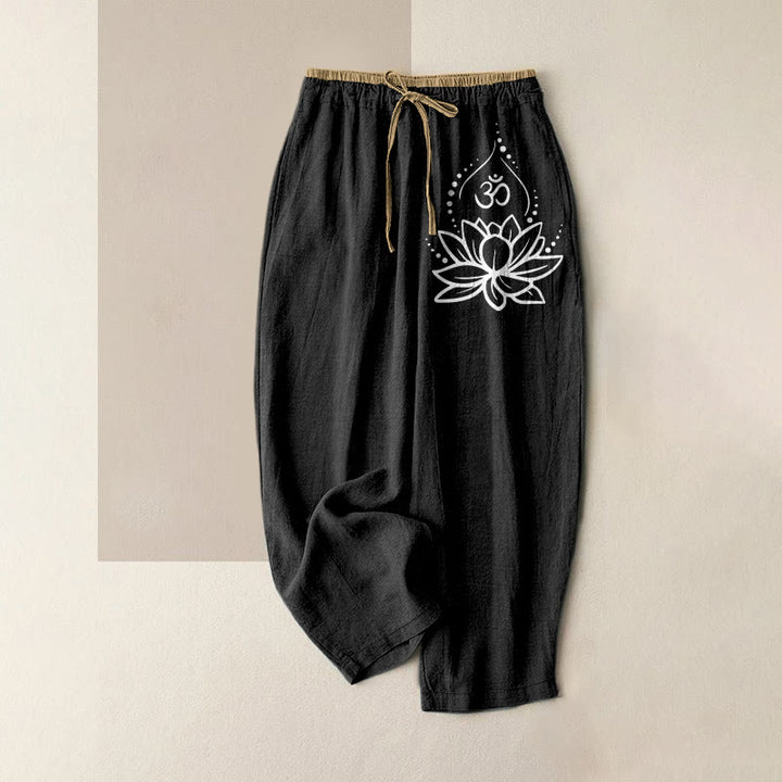 Buddha Stones 純綿素材、蓮の花柄（OM）模様、ウエストゴム入り、ポケット付きレディースパンツ - 黒 - US16、 UK/AU20、 EU48 (3XL) - image 0